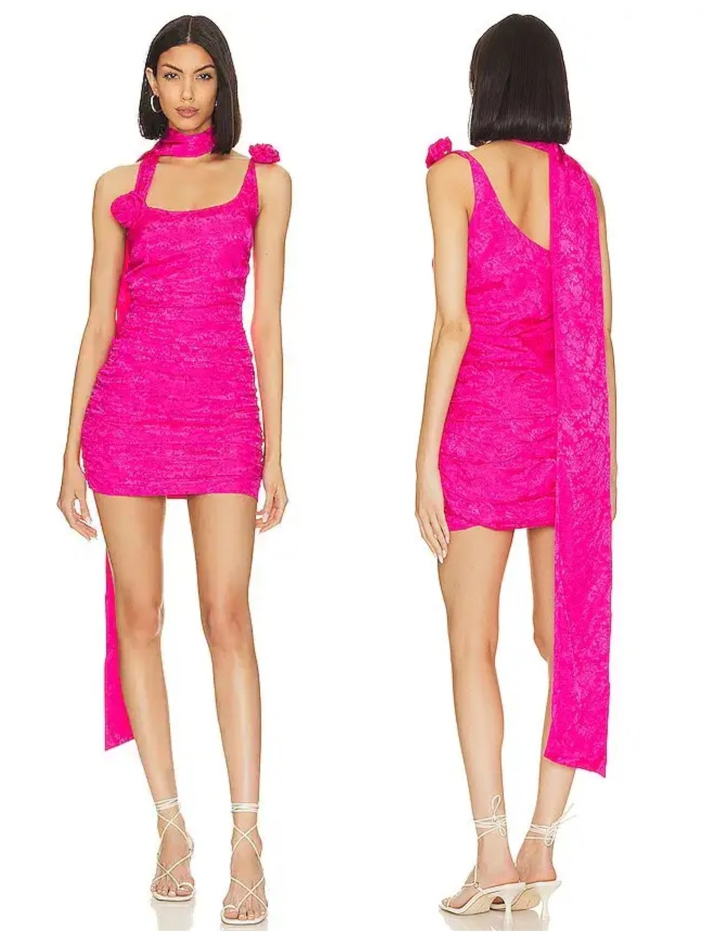 For Love & Lemons Deliza Fuchsia Scarf Rosettes Ruched Mini Dress NWT $229